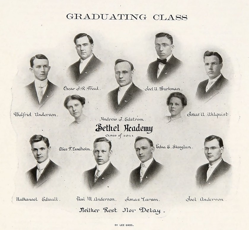 A page from the 1911 Bethel Academy yearbook showing the busts of nine men and two women posing for a portrait.