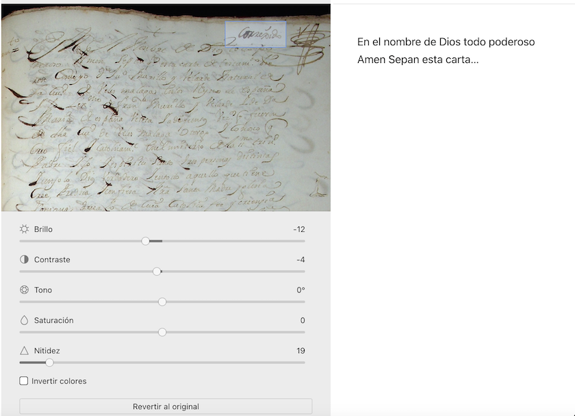 Vista de objeto en Tropy mostrando un documento, controles deslizantes de edición visual, y el campo de notas en modo vertical con un breve texto