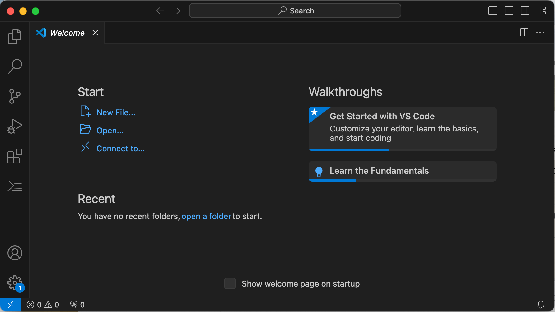 Initial window of Visual Studio Code