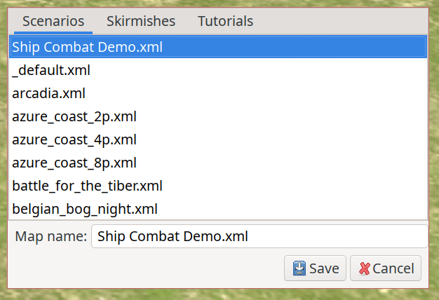 The 'Save As' dialogue shows 'Scenarios', 'Skirmishes', and 'Tutorials' as the 3 options for file save. While following this tutorial, always choose 'Scenarios'.